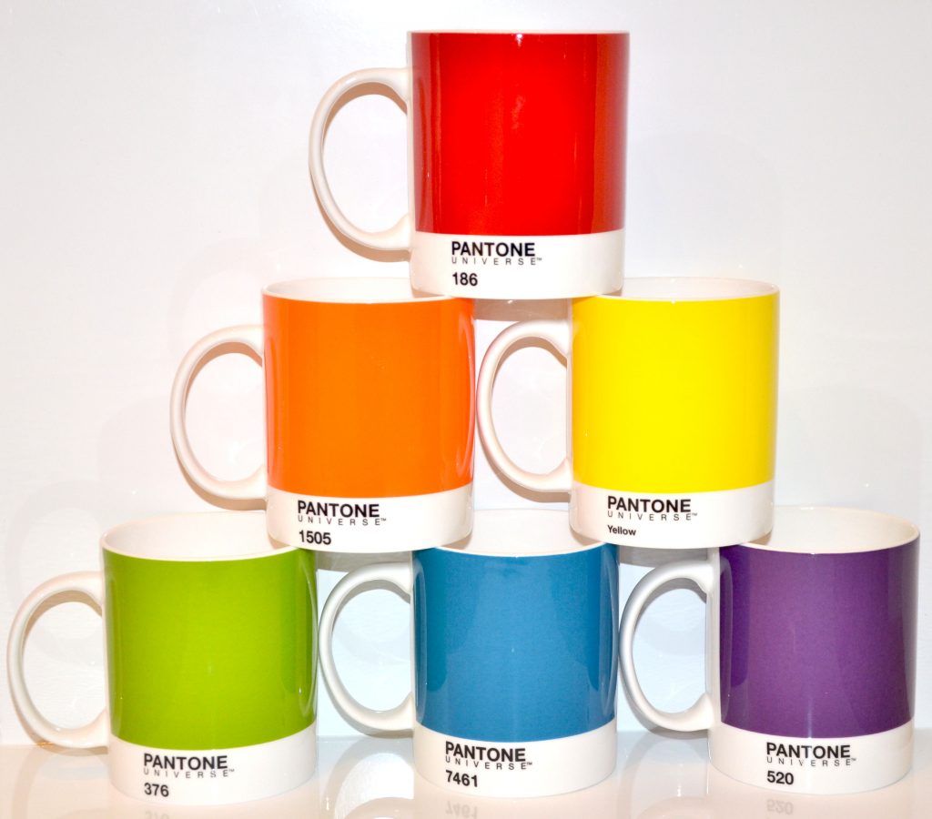 6 brightly-coloured Pantone mugs